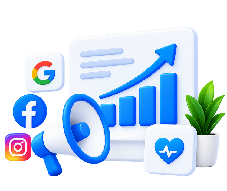 Healthcare marketing with Google, Facebook, Instagram and megaphone