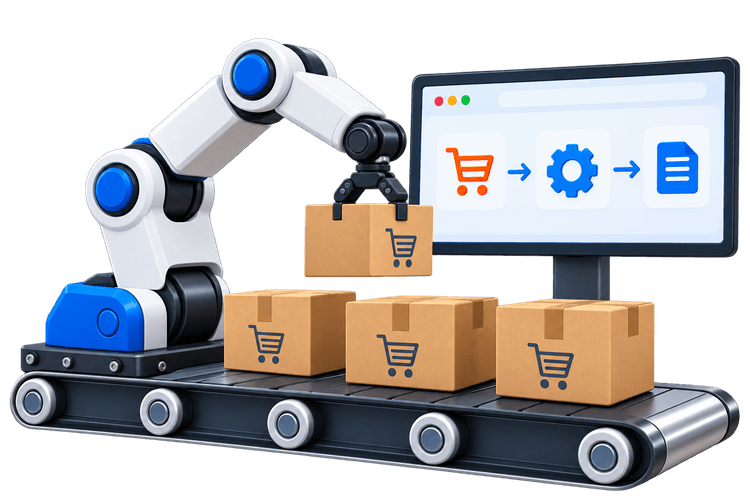eCommerce automation robotic arm with order packages and workflow screen