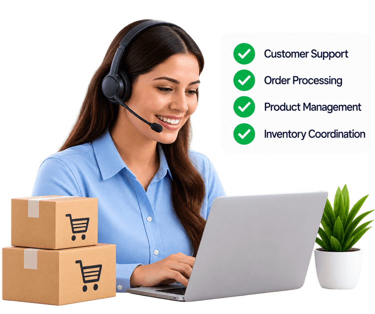 eCommerce support specialist with headset and order checklist