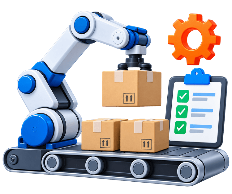 Logistics conveyor automation arm with shipment boxes and checklist