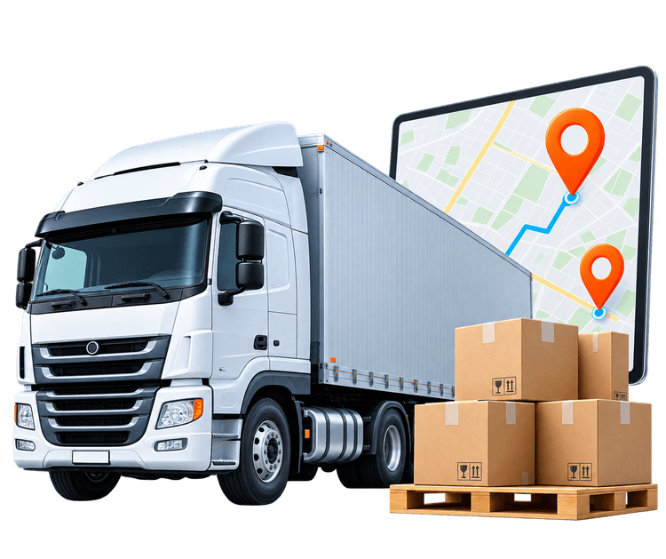 Logistics fleet truck with tracking map route on tablet