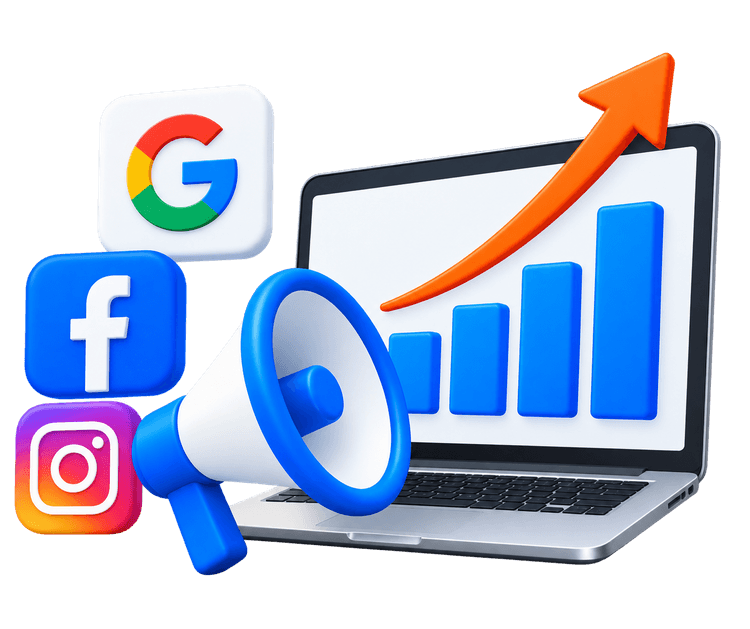 Logistics marketing with Google, Facebook, Instagram and megaphone