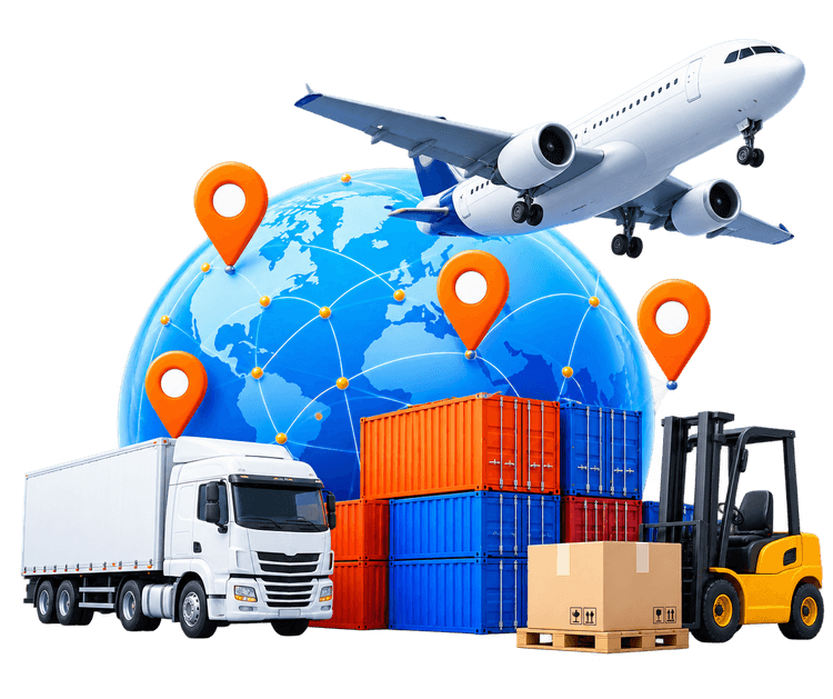 Global logistics delivery network with airplane, containers and truck