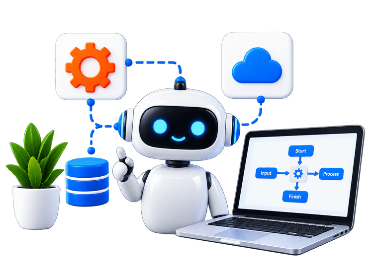 AI assistant robot with cloud database, flowchart and systems laptop