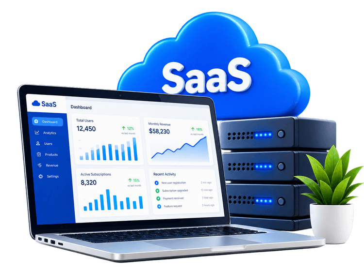 SaaS application dashboard on laptop with cloud and server rack