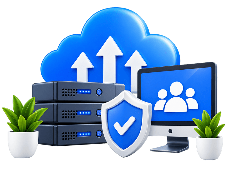 Dedicated technology scaling team with servers, cloud and security shield