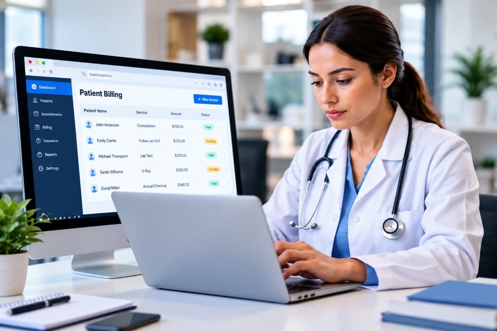 Doctor with stethoscope working on hospital patient billing dashboard