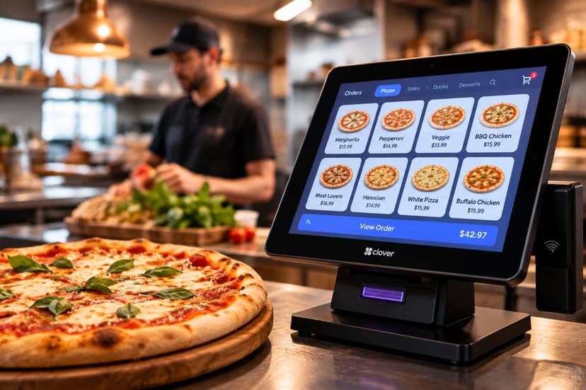 Pizza chef preparing fresh pizza with POS ordering screen