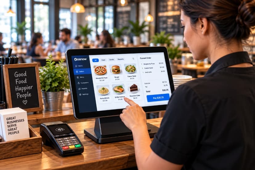 Restaurant staff using touch POS register counter system