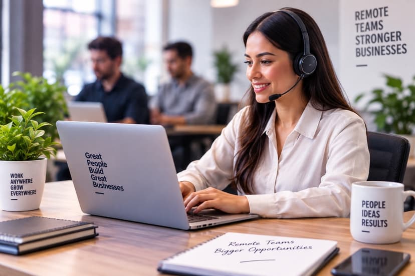 Customer support professional working on laptop with headset