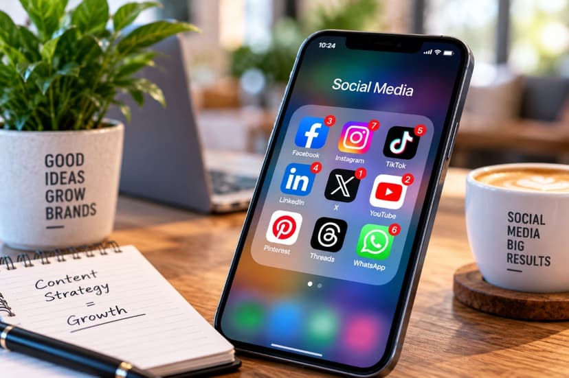 Smartphone displaying social media platform apps and strategy notebook