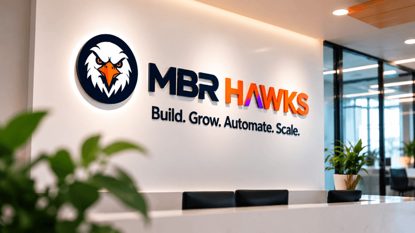 MBR Hawks 3D Reception Sign - Build. Grow. Automate. Scale.