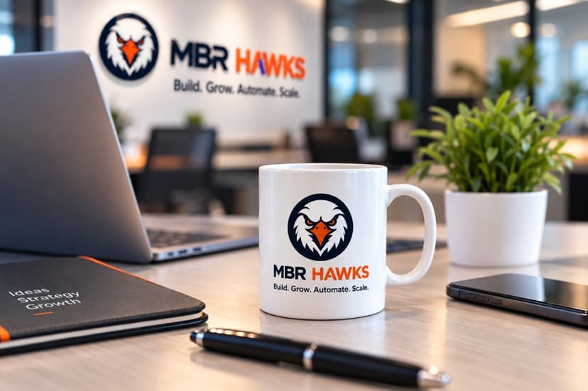 MBR Hawks Mug on Desk with Laptop and Office Plants