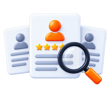 Finding Skilled Developers candidate profiles with 5 stars and magnifying glass