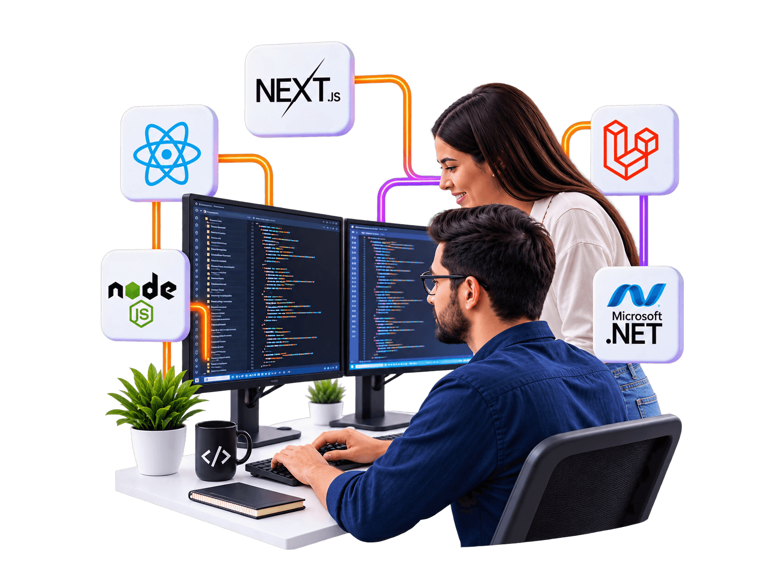 Two remote developers collaborating at dual computer monitors with connected modern technology badges