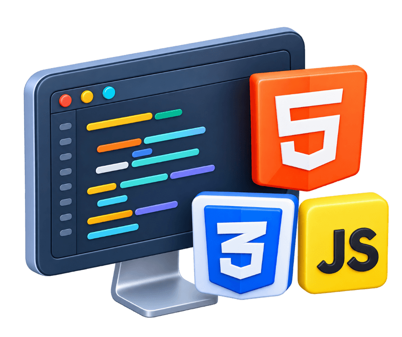Frontend developers monitor with HTML5, CSS3, and JavaScript badges