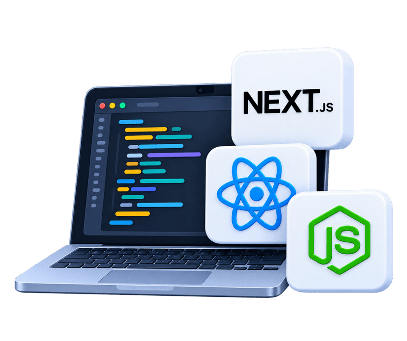 Full-stack developers laptop with code and floating tech badges
