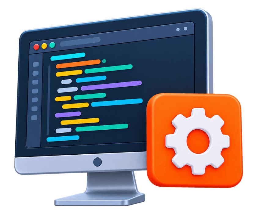 Software developers monitor with code lines and orange gear