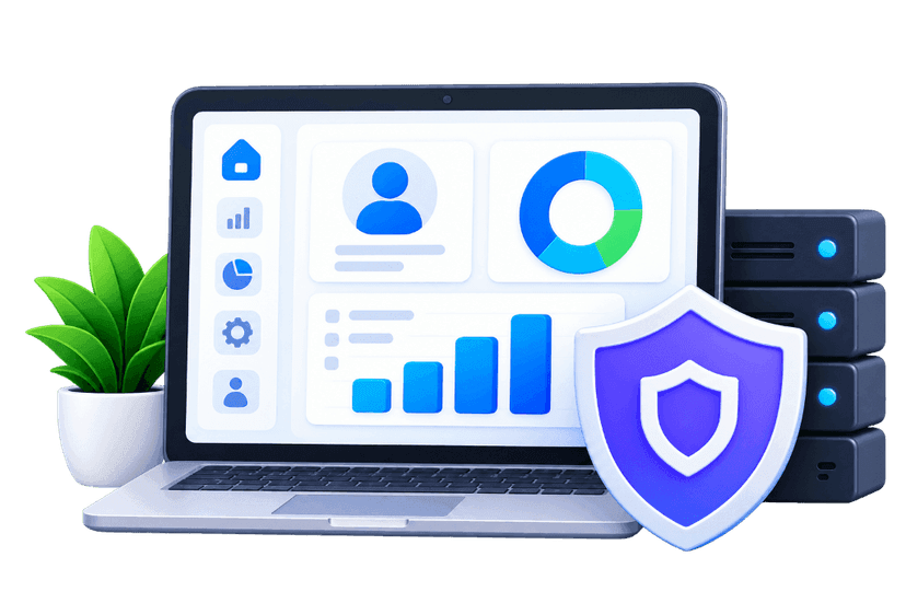Enterprise Software laptop with servers and security shield