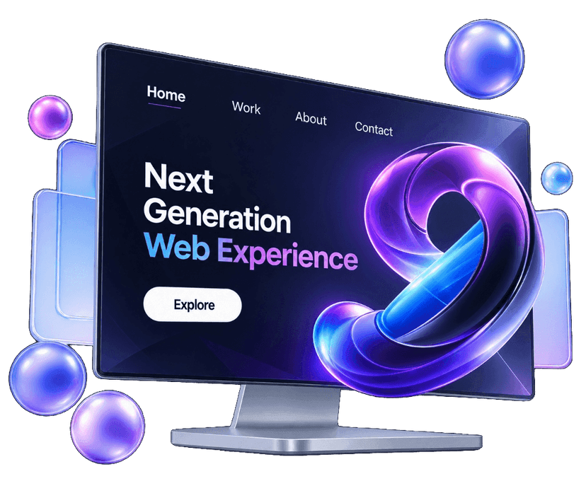 3D Animated Websites dark monitor displaying Next Generation Web Experience with 3D torus