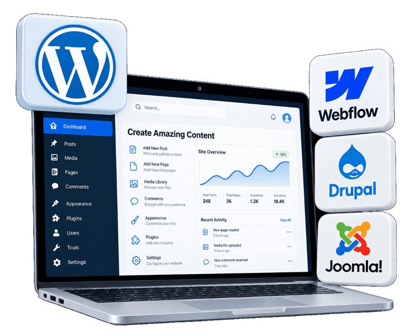 CMS Development laptop with WordPress, Webflow, Drupal, and Joomla