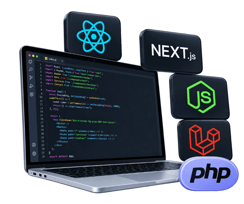 Custom-Coded Development laptop showing React code with tech badges