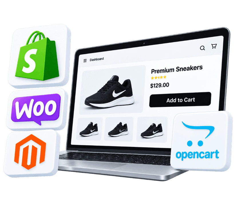 eCommerce Development laptop store with Shopify, WooCommerce, Magento, and OpenCart