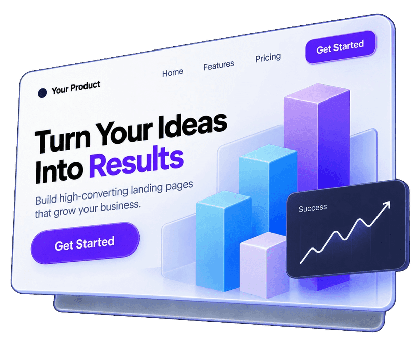 Landing Page Development 3D graph with Turn Your Ideas Into Results banner