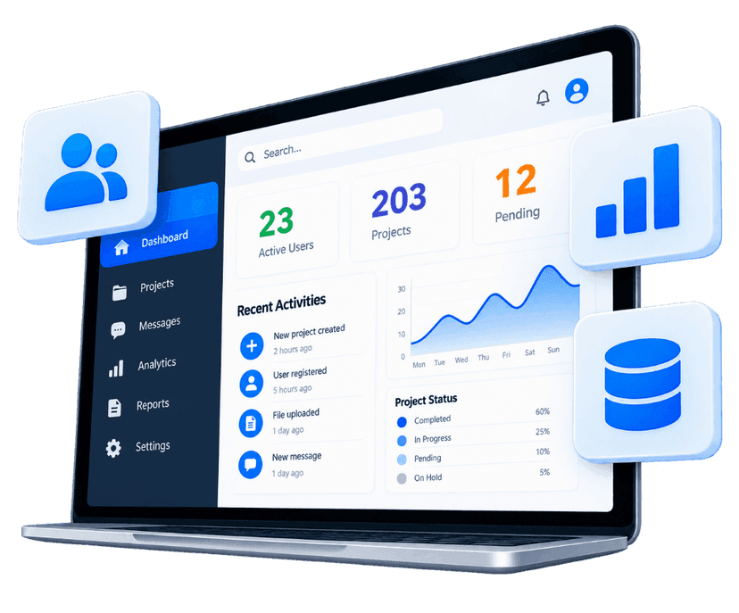 Web Portal Development dashboard with floating 3D statistics widgets