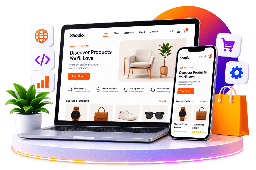 Shopio eCommerce website displayed on modern desktop laptop and mobile device