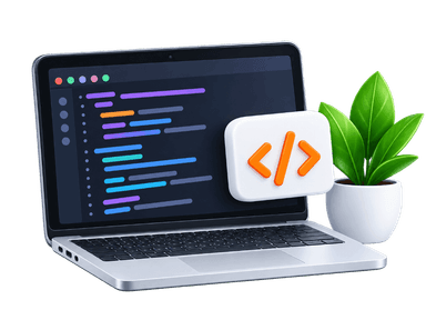Custom development laptop with code badge and potted plant