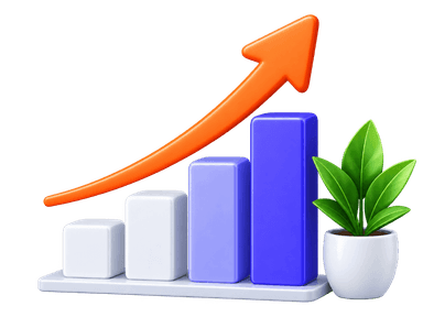 Future ready growth bar chart with upward arrow and plant
