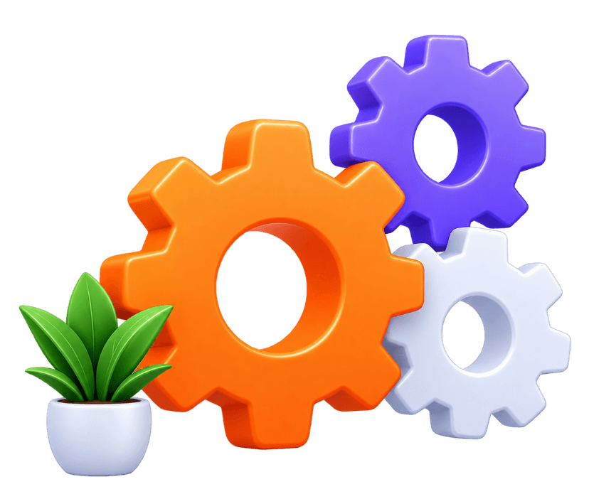 3D colorful gears with potted plants illustration for Business Process Automation