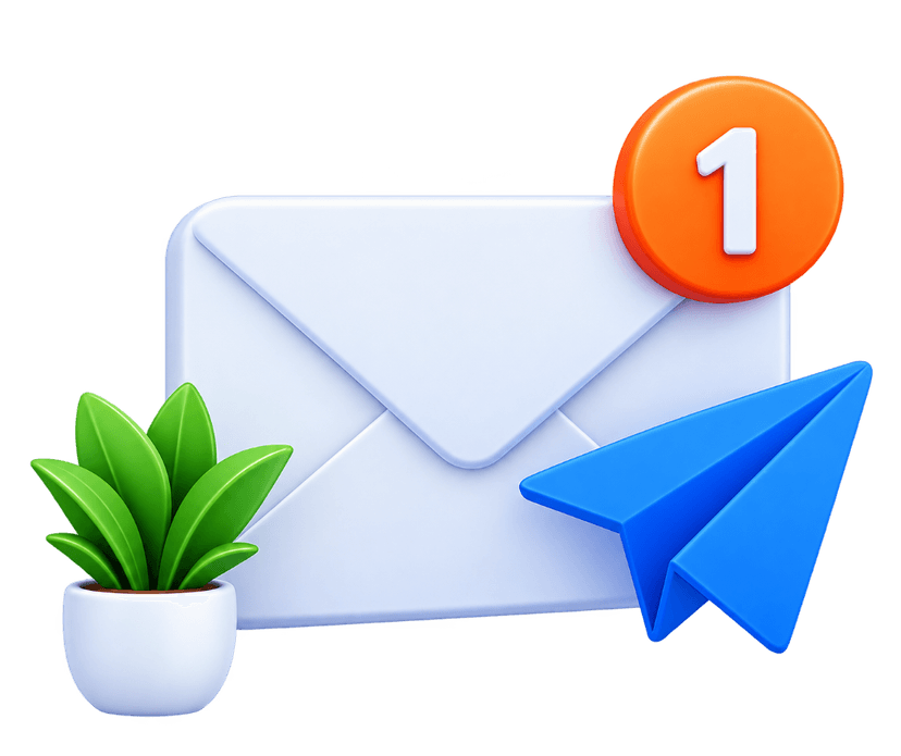 3D envelope with notification badge and paper airplane for Marketing Automation