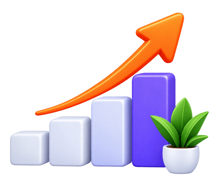 3D bar chart with rising orange arrow and potted plants for Sales Automation