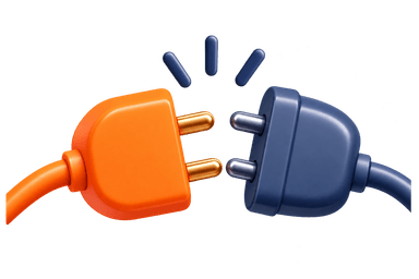Disconnected systems with 3D orange and blue electrical plugs