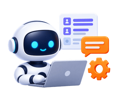 AI Sales Agent 3D robot on laptop with live chat and gear