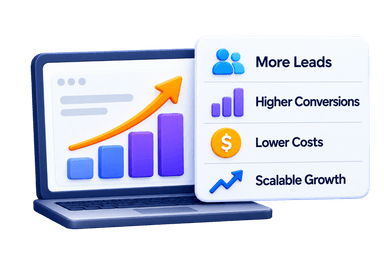 Measurable results laptop with growth chart and metric badges